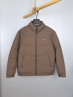 Prada long puffer jacket in taupe with zip front and two side pockets