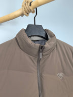Prada puffer jacket taupe with stand collar and front zip, logo on chest