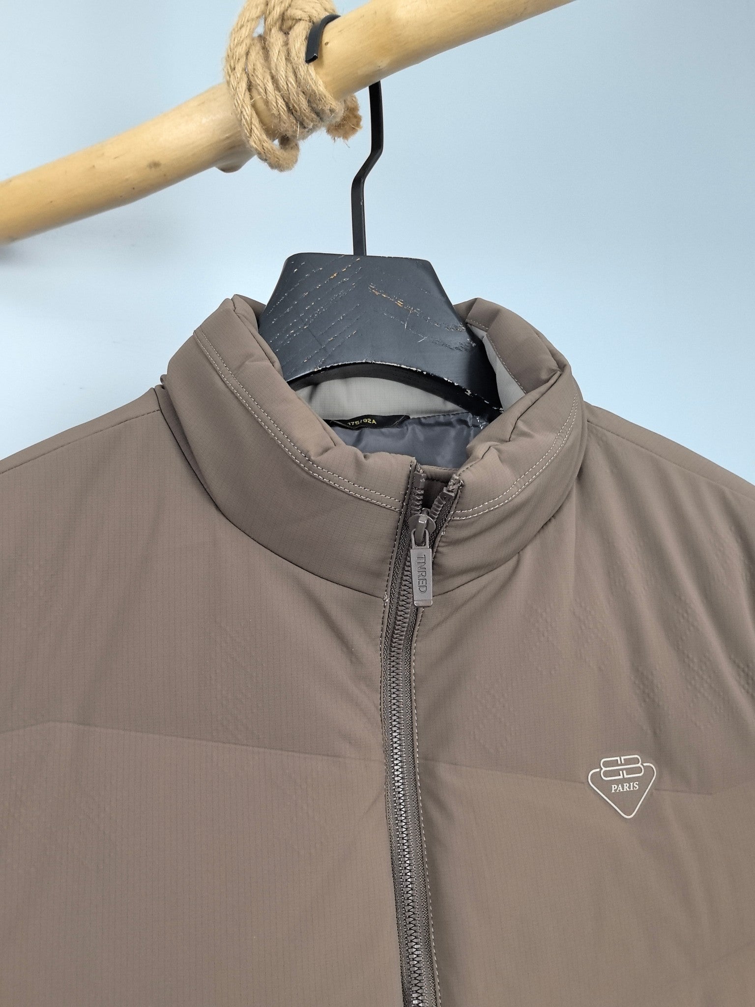 Prada puffer jacket taupe with stand collar and front zip, logo on chest