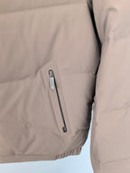 Prada puffer jacket taupe with vertical zip pocket on sleeve