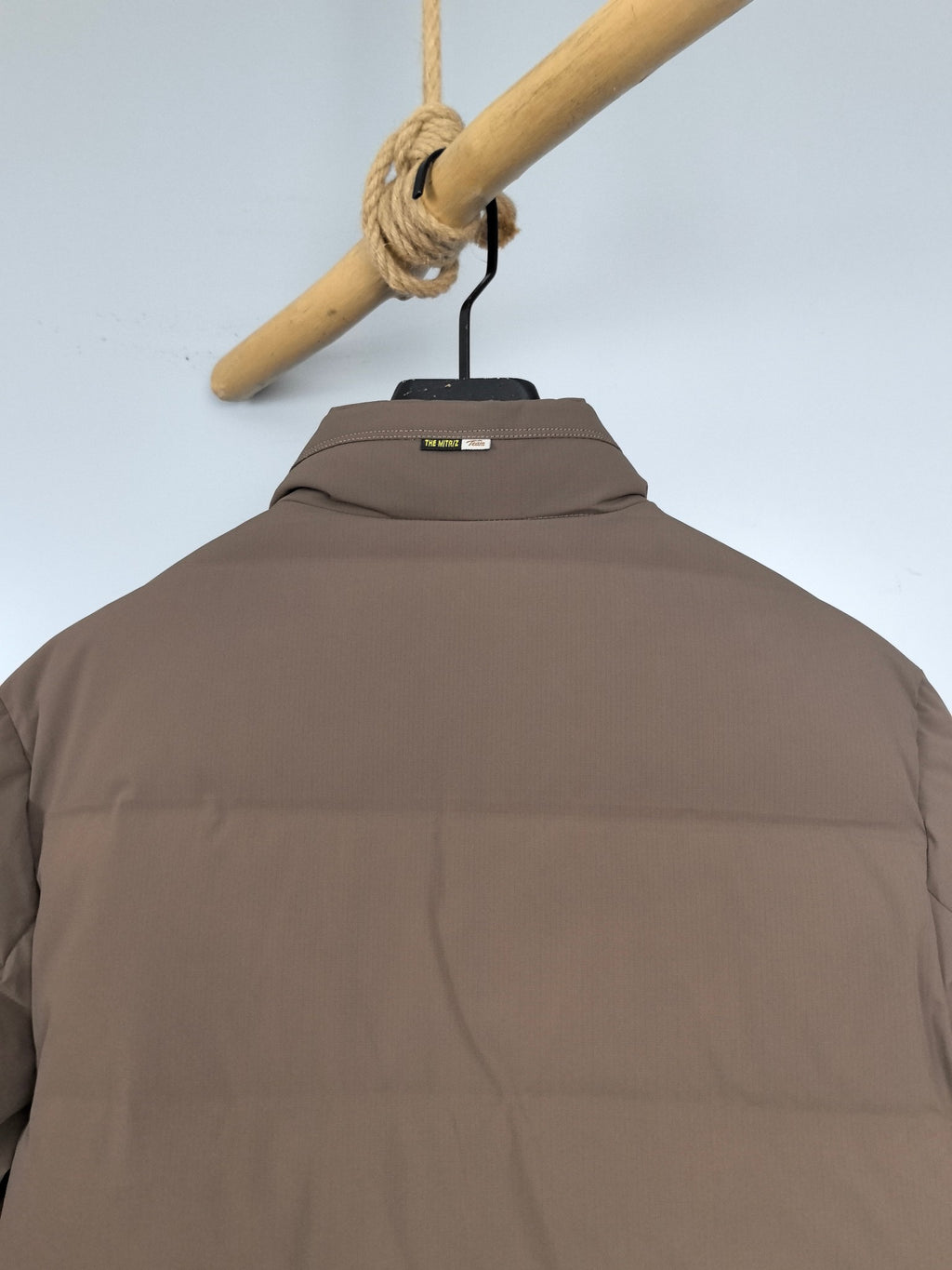Prada long puffer jacket taupe with raised back collar and small tag