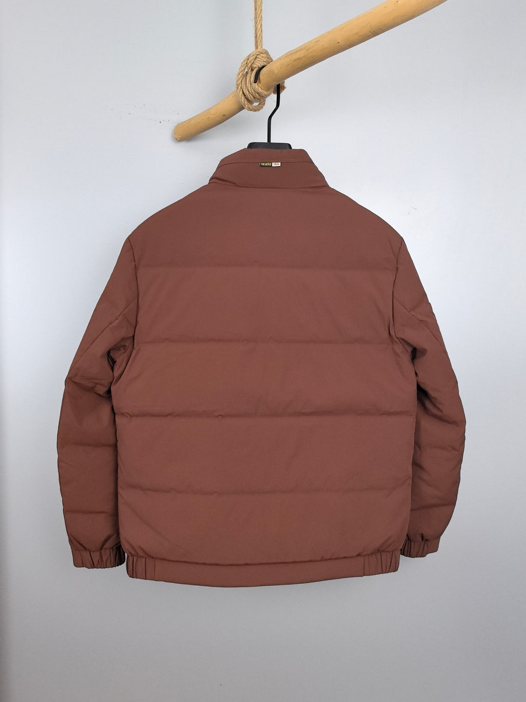 Prada long padded jacket, maroon-brown, full back view with stand collar