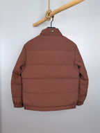 Prada long padded jacket, maroon-brown, full back view with stand collar