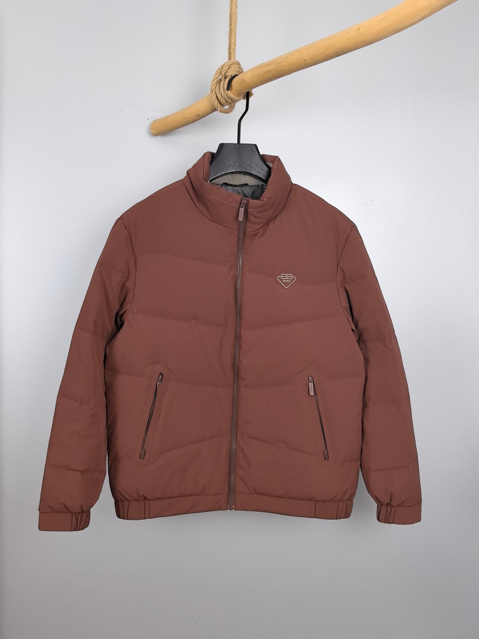 Prada long padded jacket, maroon-brown, full zip, stand collar, chest logo