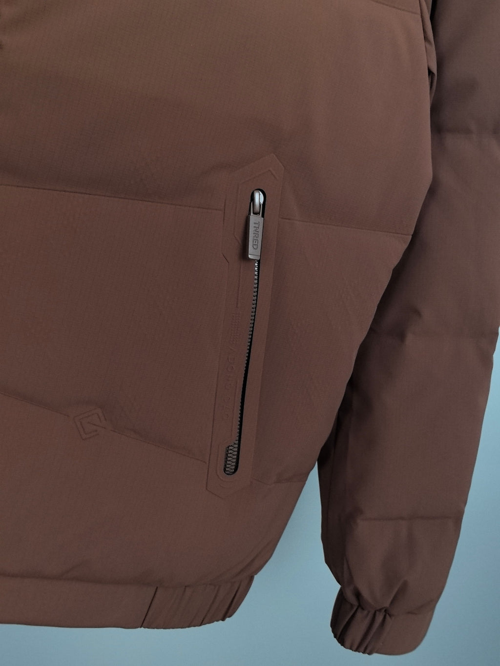 Prada long padded jacket, maroon-brown, side pocket with vertical zipper