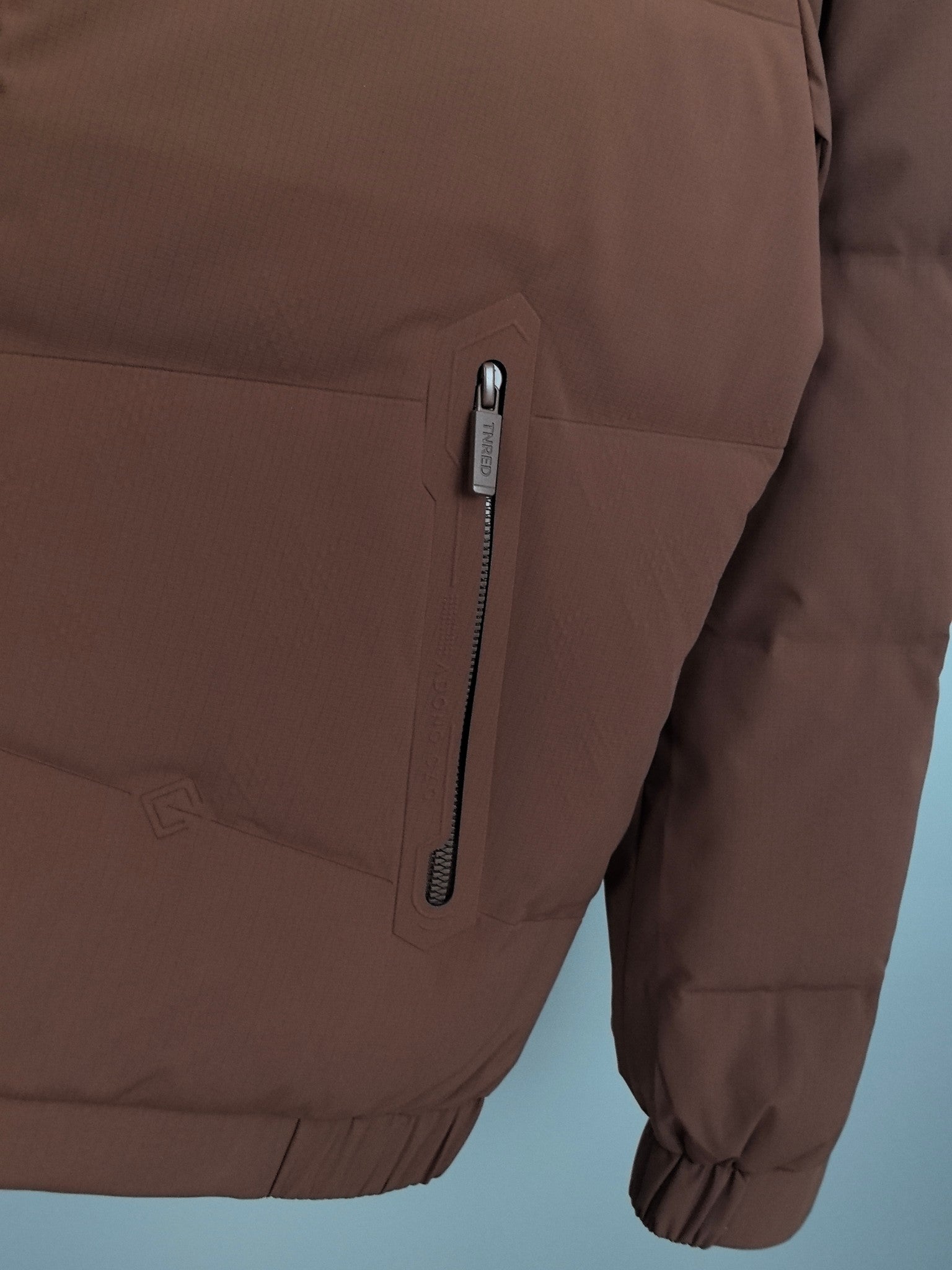 Prada long padded jacket, maroon-brown, side pocket with vertical zipper