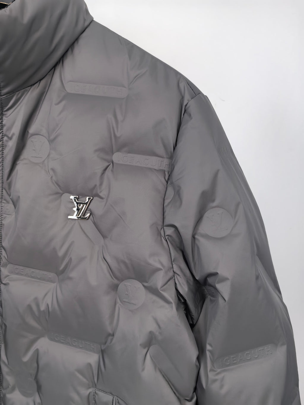Louis Vuitton puffer jacket, dark gray, chest logo detail and quilting
