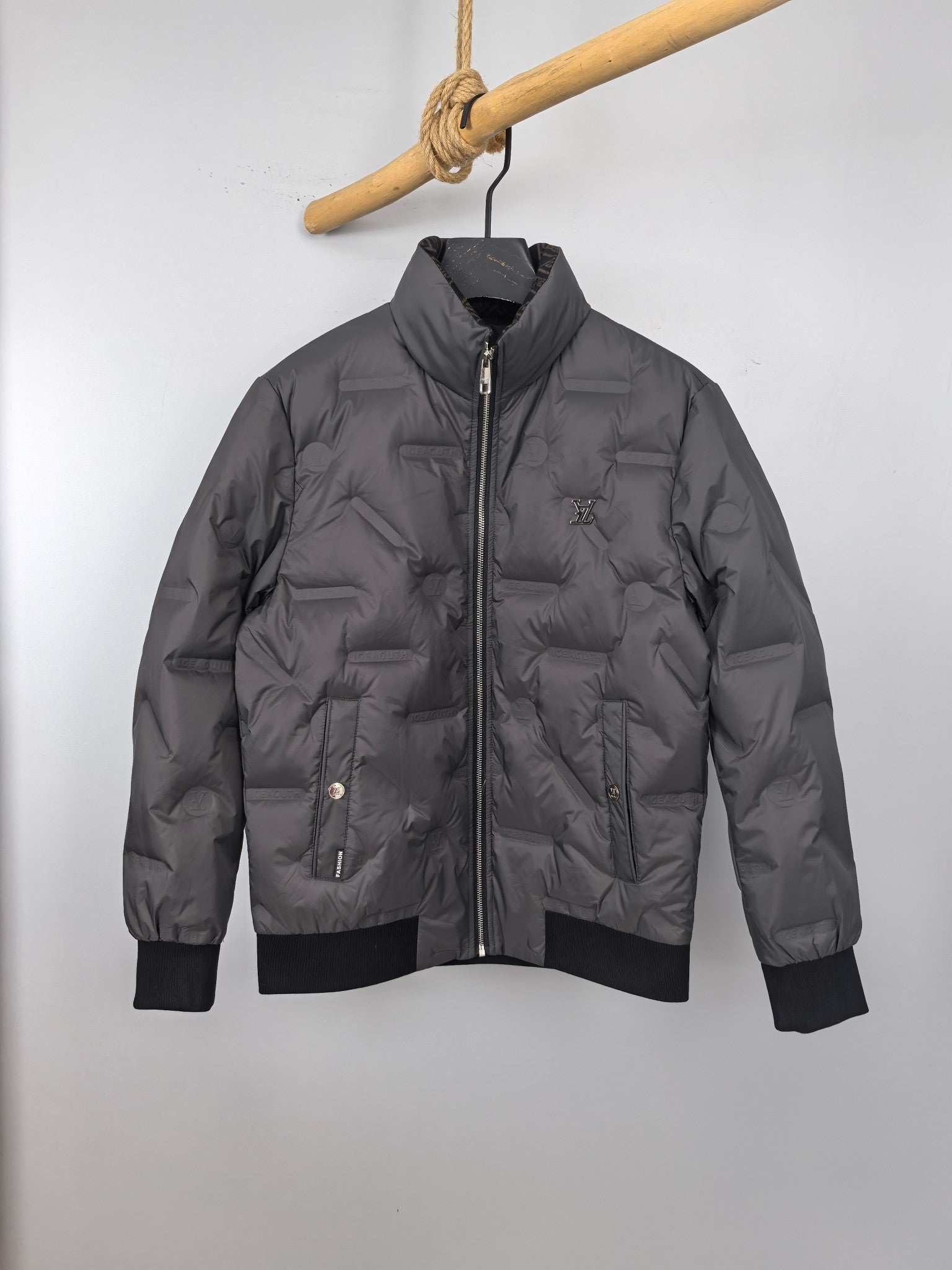 Louis Vuitton long puffer jacket, dark gray, front zip and stand collar
