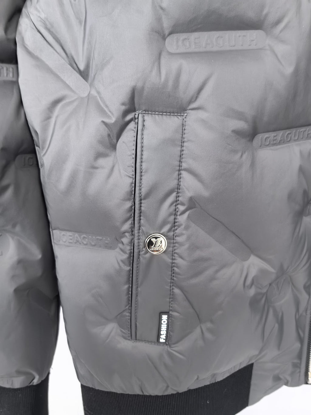 Louis Vuitton puffer jacket inner pocket panel with brand patch and stitching