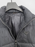 Prada puffer jacket open view showing dark interior lining and full front zipper