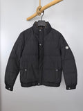 Long puffer jacket, black, front zip with snap buttons and stand collar