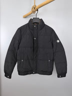 Long puffer jacket, black, front zip with snap buttons and stand collar