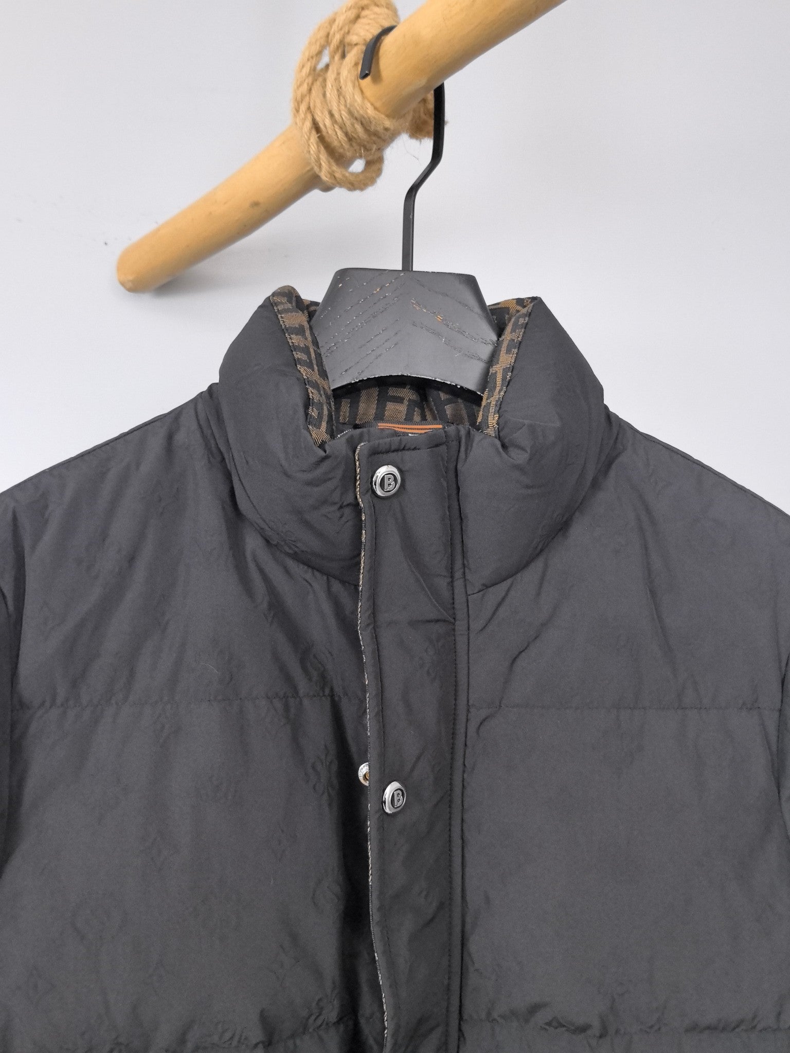 Long puffer jacket, black, hood and front placket with snap buttons
