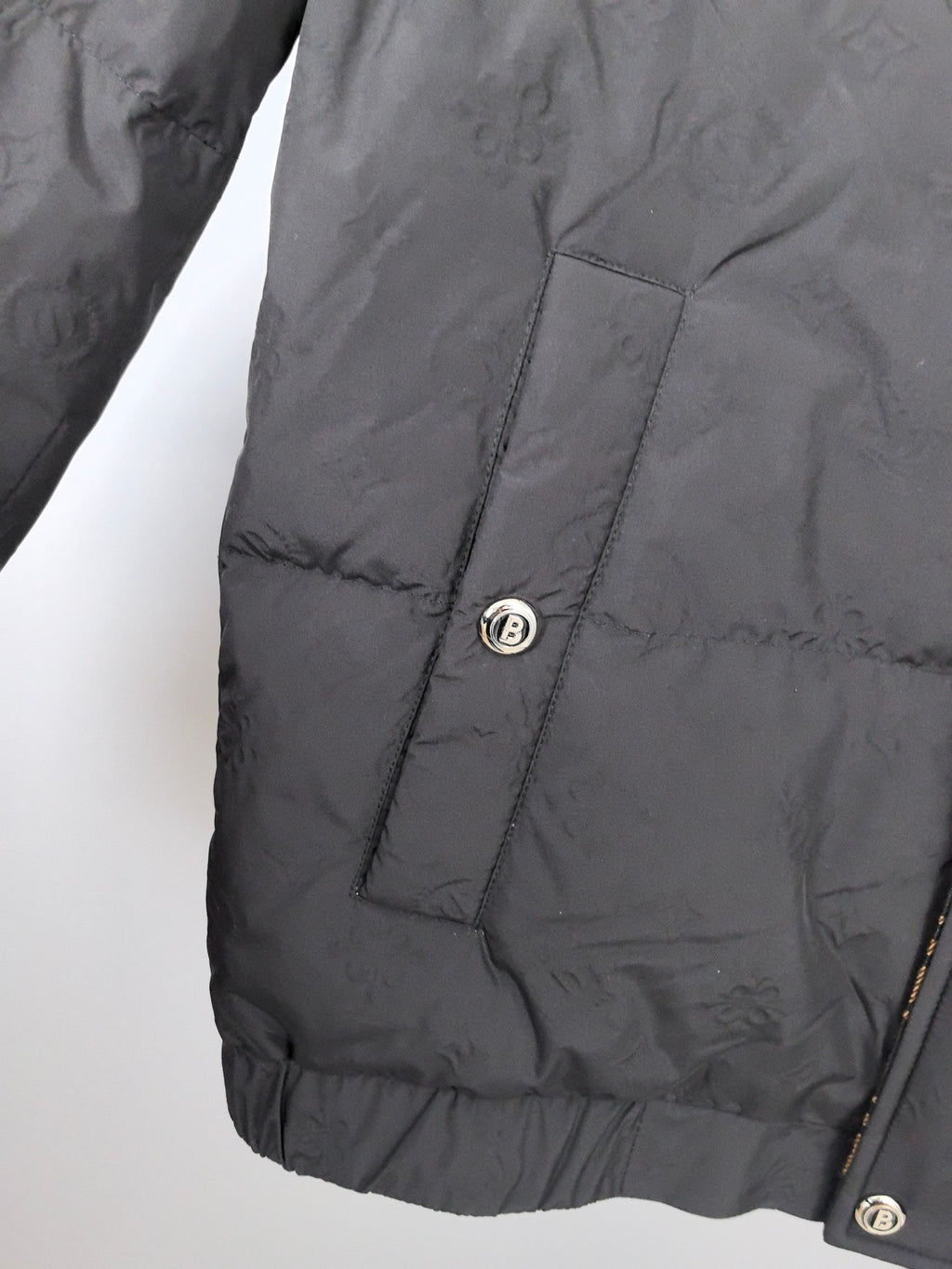 Long puffer jacket, black, quilted panel with snap pocket