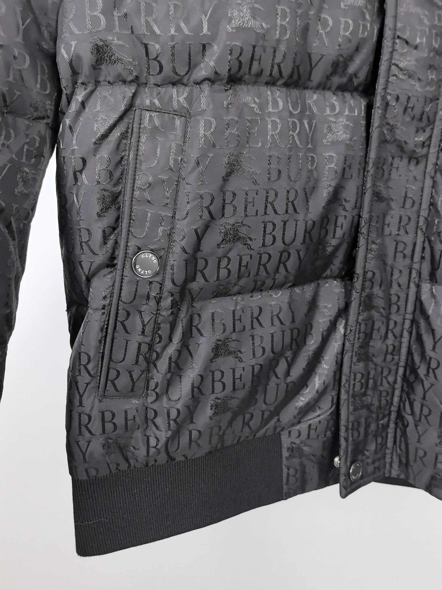 Long black puffer jacket front close-up with quilted panels and button placket