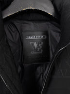 Black puffer jacket inner patch label reading "LOVER VOGUE"
