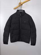 Black quilted puffer jacket with stand collar and front zipper