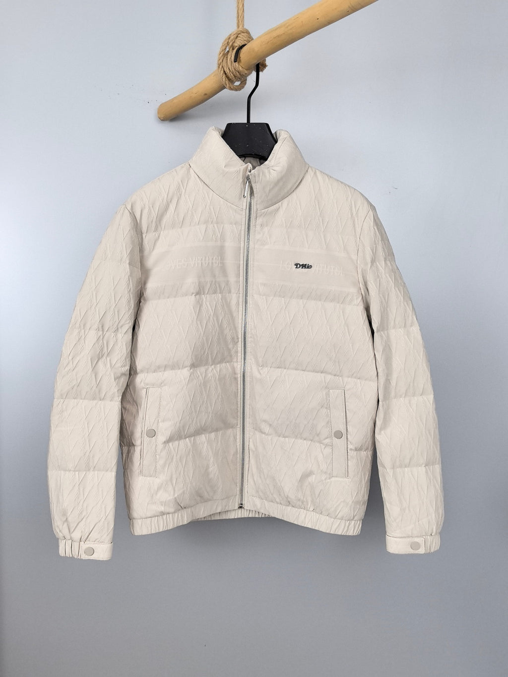 Louis Vuitton white puffer jacket with front zipper and stand collar