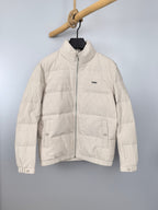 Louis Vuitton white puffer jacket with front zipper and stand collar