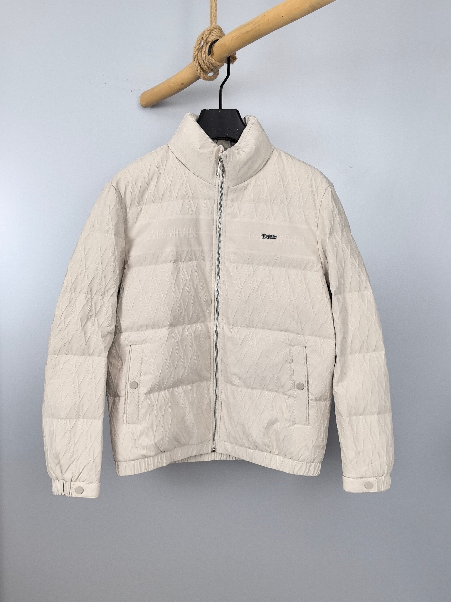 Louis Vuitton white puffer jacket with front zipper and stand collar