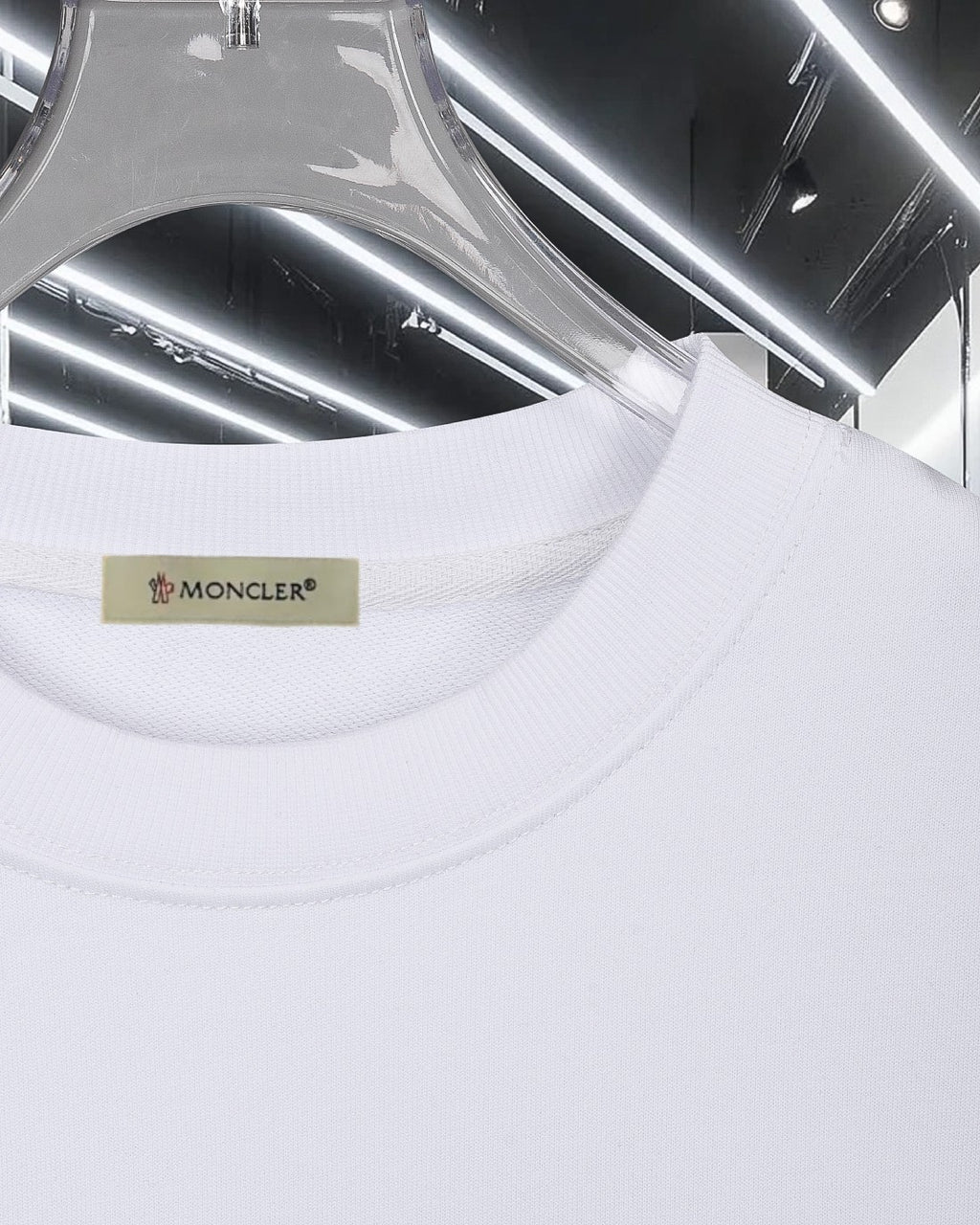 White Moncler crewneck sweatshirt with ribbed collar and inner label
