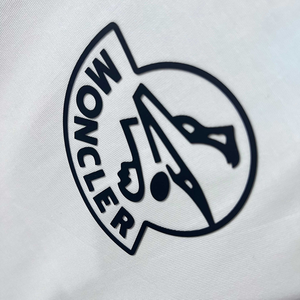 Moncler crest logo print on white sweatshirt