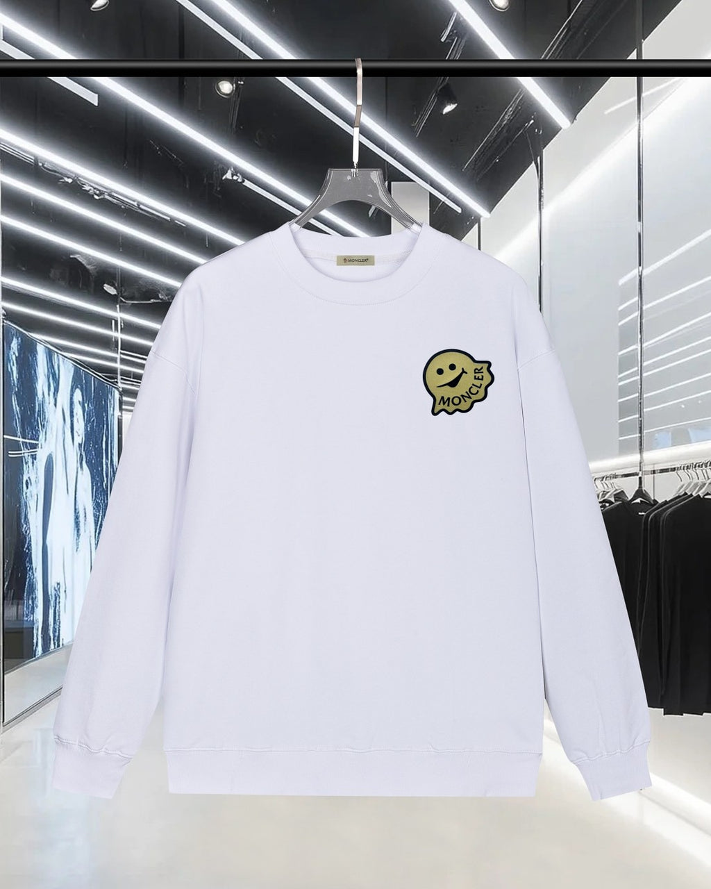 Moncler long-sleeve sweatshirt in white with smiley face chest patch logo