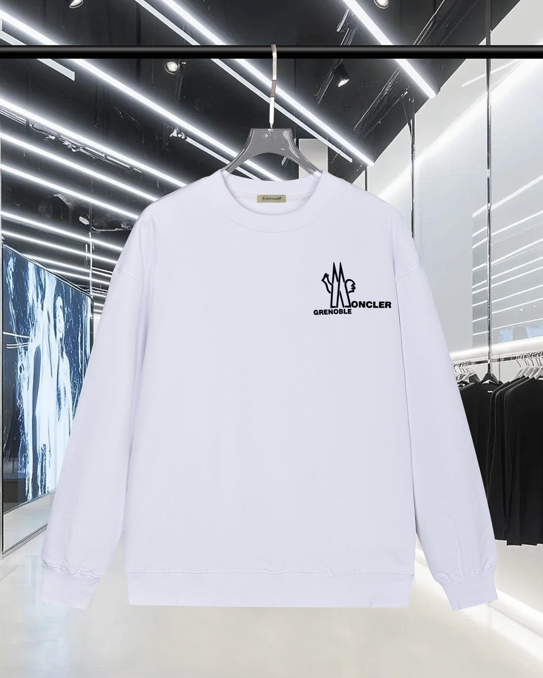 White Moncler sweatshirt, crew neck long sleeves with Grenoble logo at chest