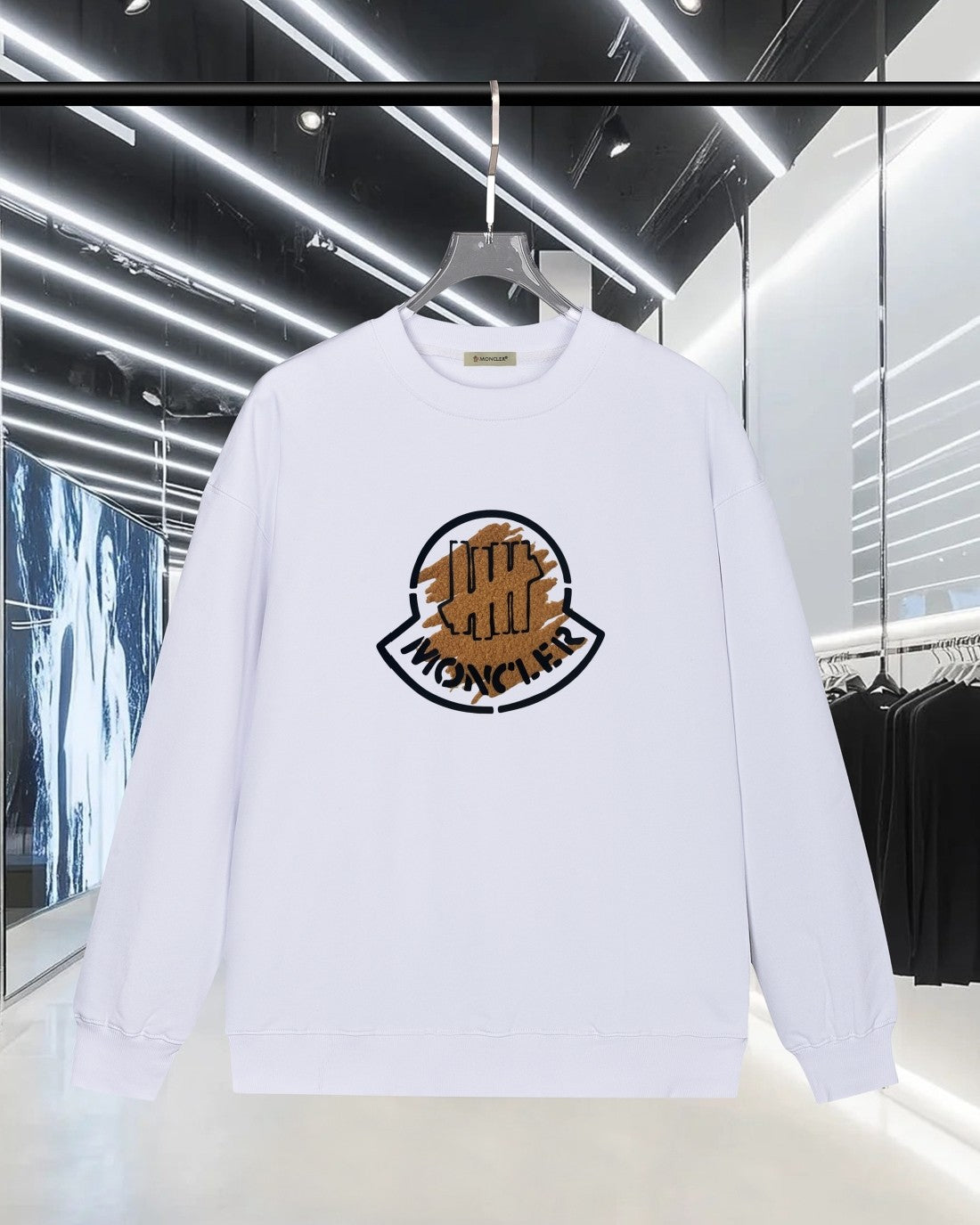 White Moncler long-sleeve sweatshirt with round chest logo patch