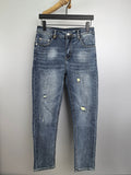 Denim pants with light wash and distressed patches, straight leg