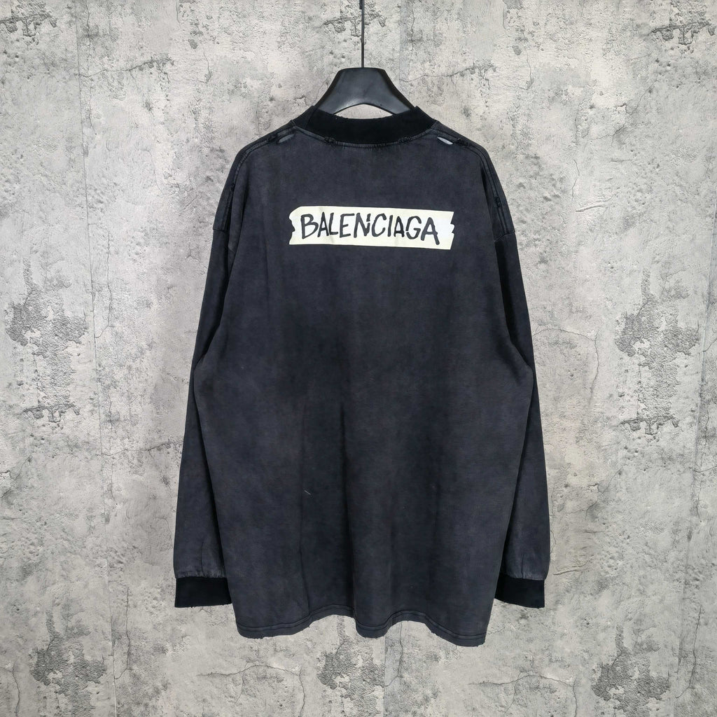 Balenciaga long-sleeve top, dark charcoal gray, large back BALENCIAGA logo