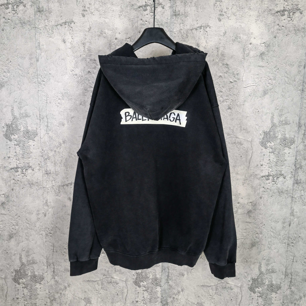 Dark zip-up hoodie jacket with hood and large back logo print