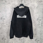 Dark zip-up hoodie jacket with hood and large back logo print