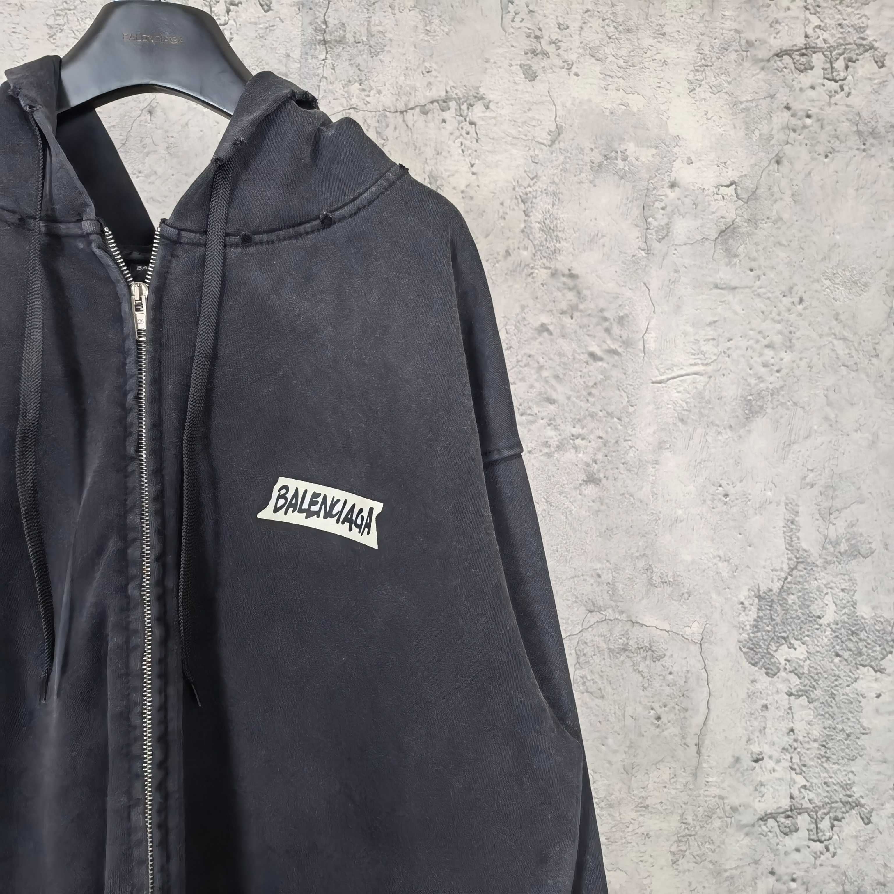 Balenciaga zip-up hoodie with front zipper and chest logo, dark blue