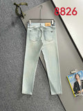 Light wash denim pants, straight leg with front pockets and belt loops