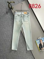 Light wash denim pants, straight leg with front pockets and belt loops