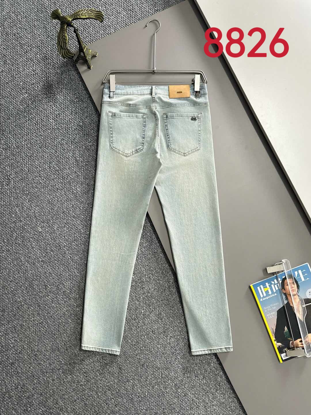 Light wash denim pants, straight leg with front pockets and belt loops