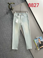 Light blue denim jeans with front pockets and belt loops