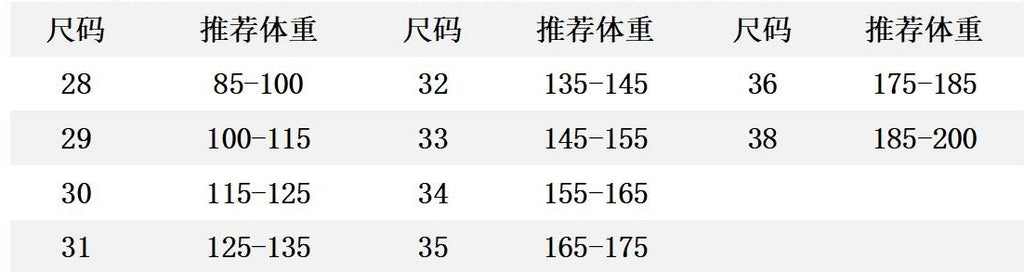 Jeans size chart listing size, recommended height, and weight ranges