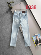 Light blue denim pants with straight leg and front pockets