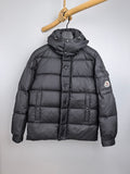 Long Moncler puffer jacket, dark gray, full-zip, hood with snap buttons