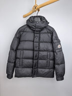 Long Moncler puffer jacket, dark gray, full-zip, hood with snap buttons