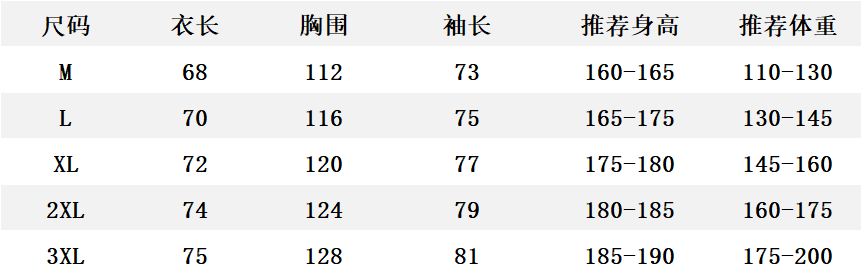 Size chart table for M to 3XL with measurements for height, chest, and sleeves