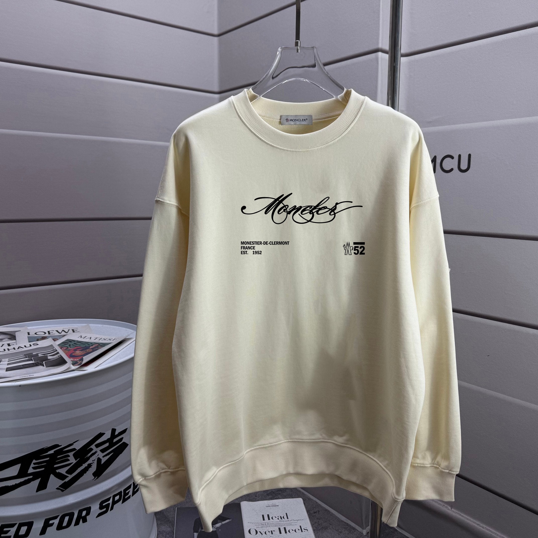 Moncler crewneck sweatshirt in light cream with front logo graphic and size print