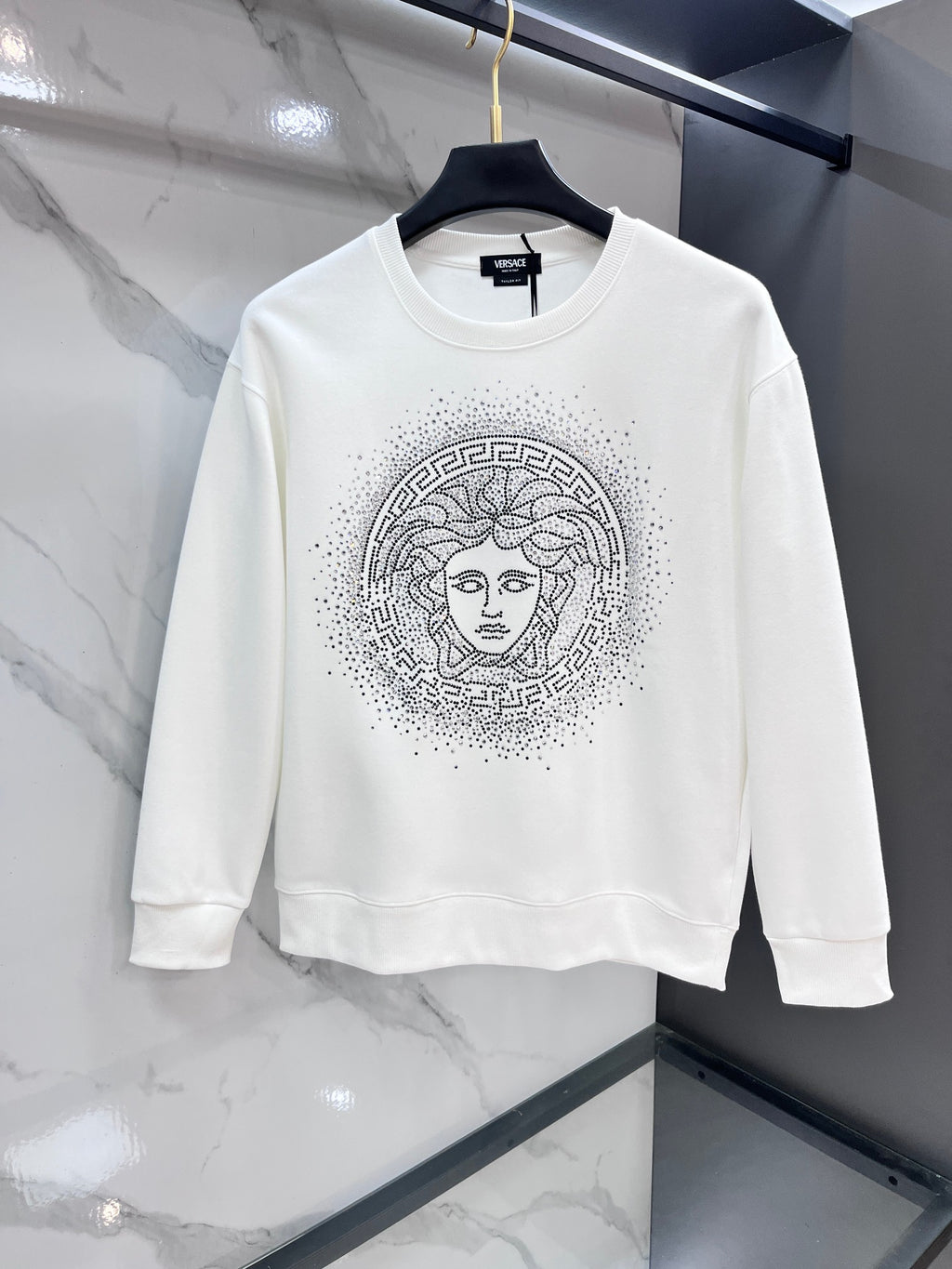 Versace white sweatshirt with rhinestone Medusa logo on chest