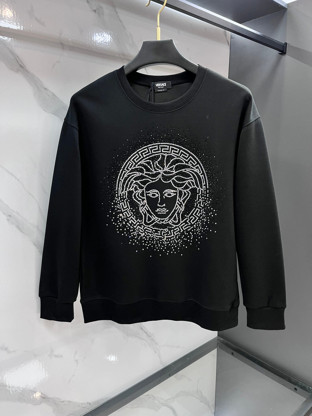 Versace crewneck sweatshirt, black with rhinestone Medusa face logo
