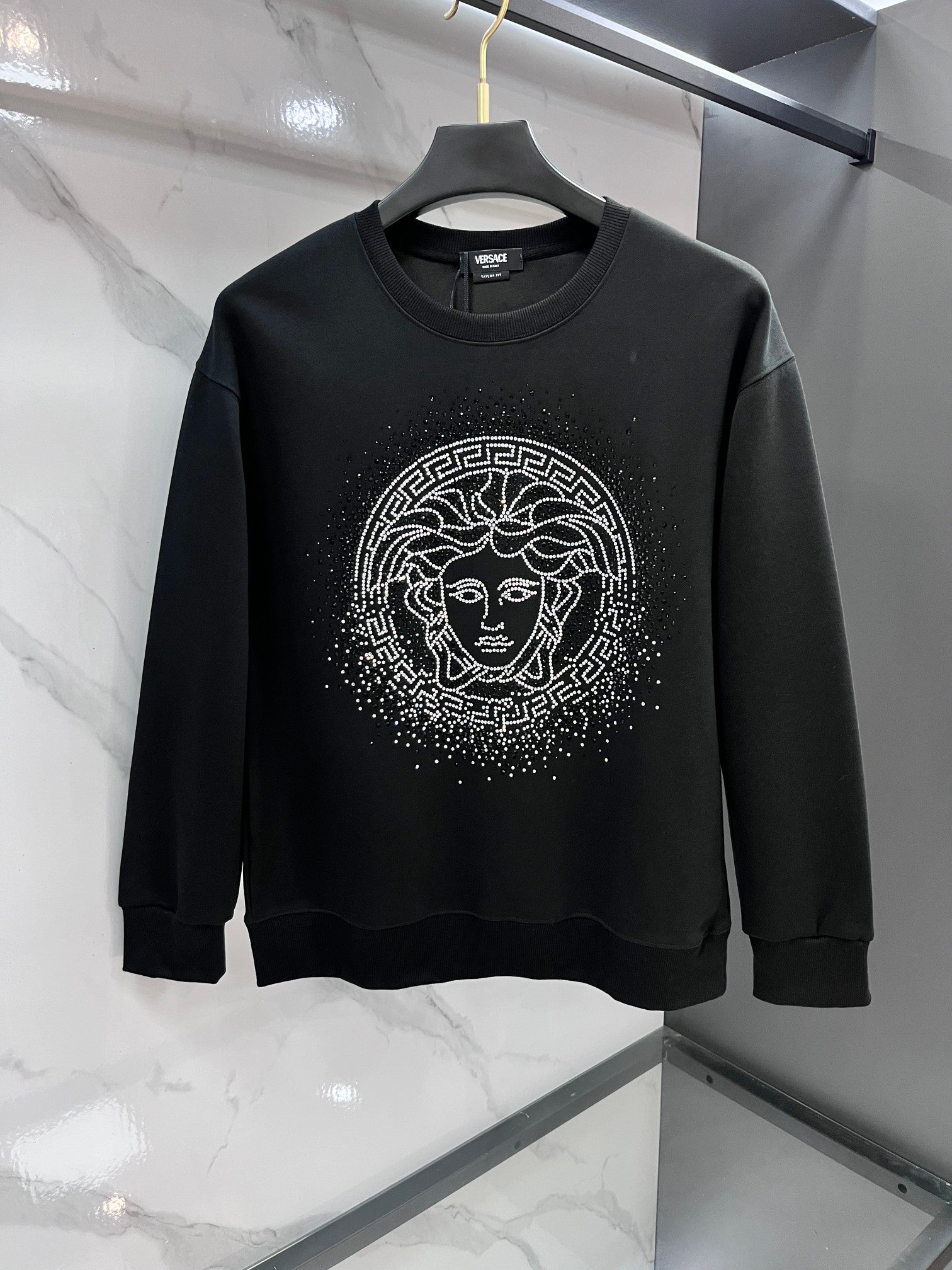 Versace black sweatshirt with rhinestone Medusa logo on chest