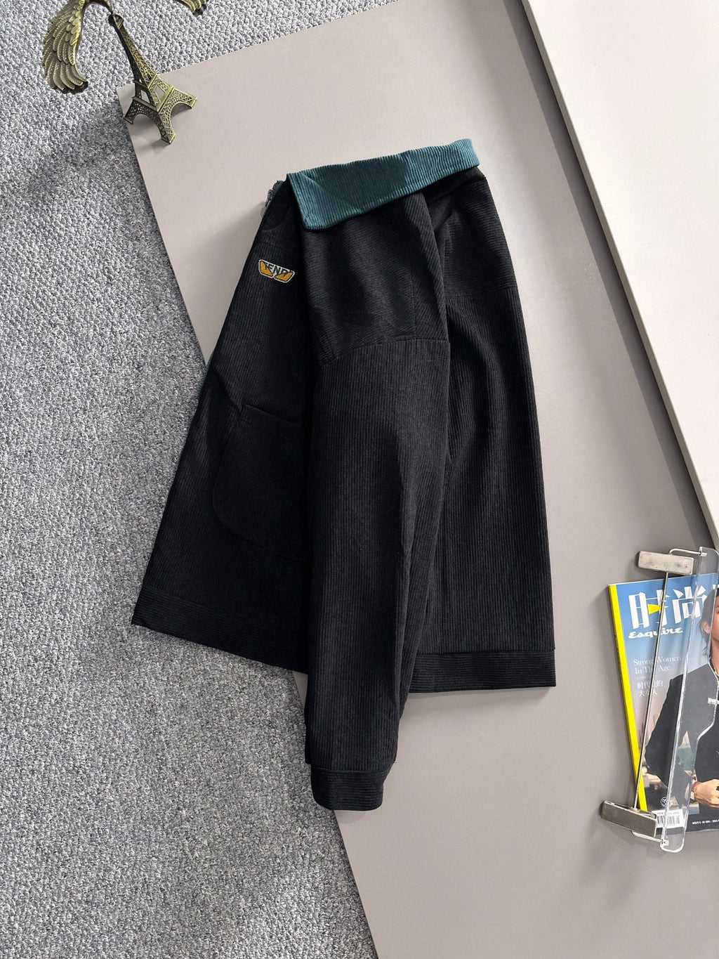 Fendi long jacket, black with teal collar trim and front pocket detailing