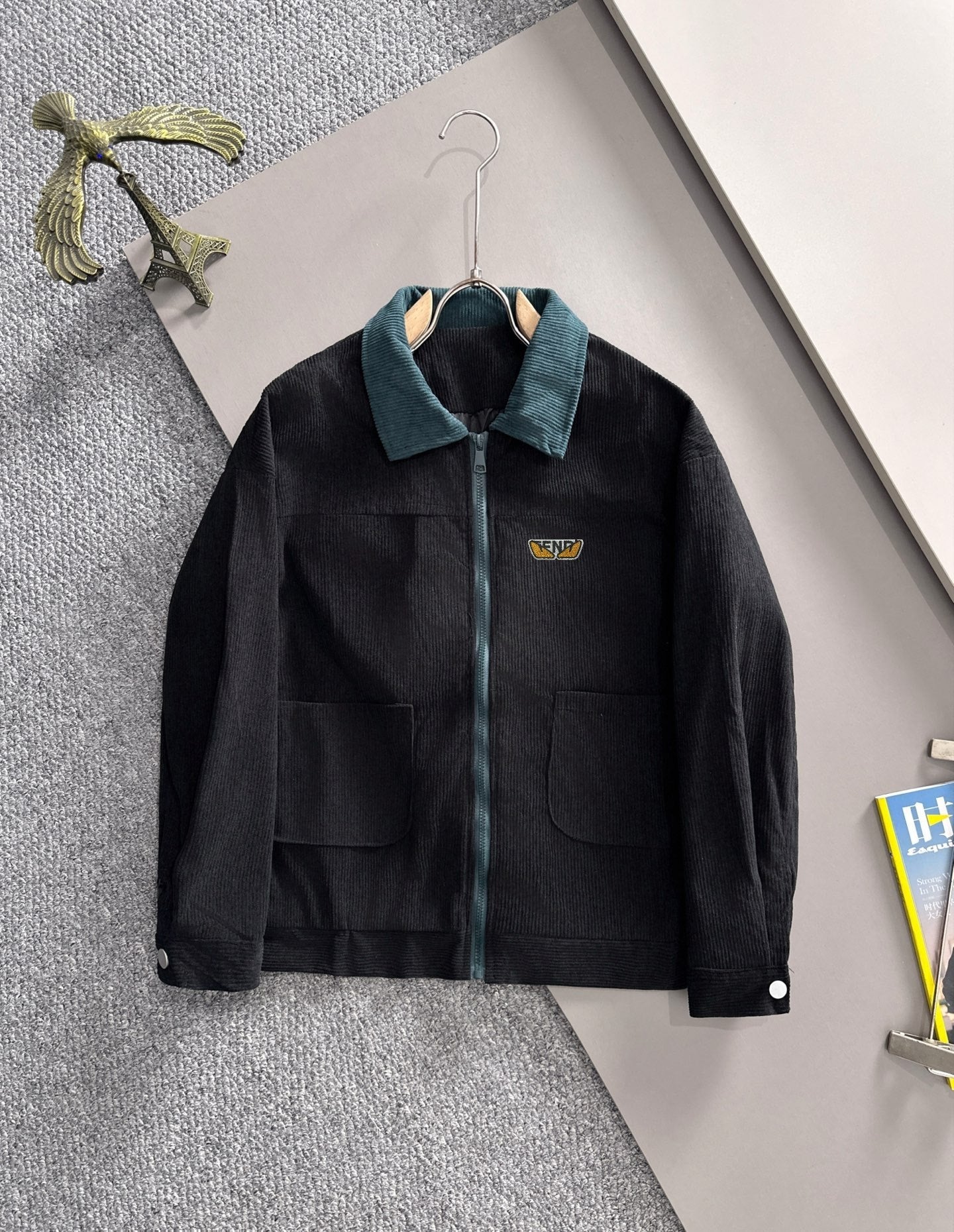 Fendi long-sleeve black jacket with teal corduroy collar and zip front