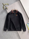 Black long-sleeve sweatshirt with burgundy collar and F logo front